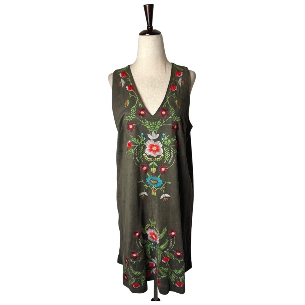 Umgee Dress‎ Women Small Olive Green Faux Suede Floral Embroidered Mini Bohemian - Picture 2 of 11